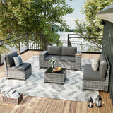 UDPATIO Patio Furniture Set, 8 Inch Armrest Outdoor Sectional Sofa, 6 Piece Wicker Outdoor Furniture Conversation Sets with Waterproof Cover and Coffee Table for Backyard Deck(Grey/Dark Grey) UDPATIO
