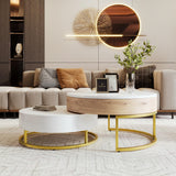 Modern Round Lift-top Nesting Coffee Tables with 2 Drawers for Living Room White & Natural Flieks