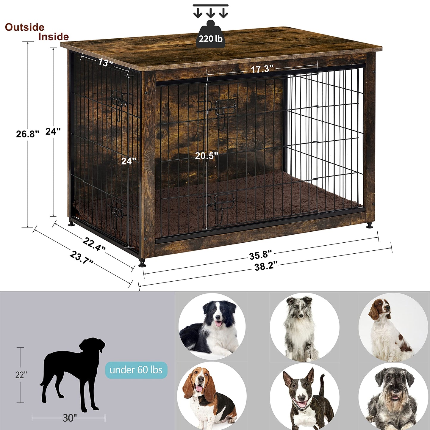 DWANTON Dog Crate Furniture with Cushion, Wooden Dog Crate Table, Double Doors Dog Furniture, Indoor Dog Kennel, Dog House, Dog Cage Large, 38.5" L, Rustic Brown - WoodArtSupply