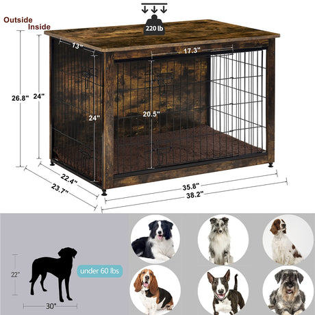DWANTON Dog Crate Furniture with Cushion, Wooden Dog Crate Table, Double Doors Dog Furniture, Indoor Dog Kennel, Dog House, Dog Cage Large, 38.5" L, Rustic Brown Dwanton