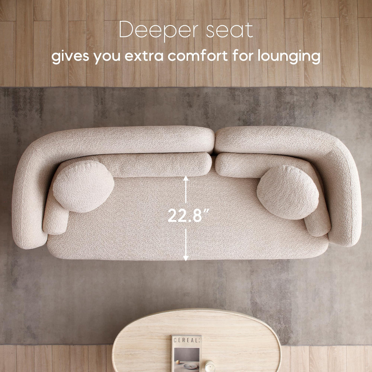 Yoglad 88.58‘’ 3-Seat Modern Curved Boucle Sofa, Cozy Thick Upholstered Teddy Loveseat, Half Moon Aesthetic Design Sherpa Couch for Small Living Room Bedroom Apartment Studio (Light Beige) Yoglad