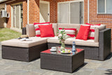 Vongrasig 5 Piece Patio Furniture Sets, All-Weather Brown PE Wicker Outdoor Couch Sectional Set, Small Conversation Set for Garden/Patio w/Ottoman, Glass Table, Red Pillow, Beige Vongrasig
