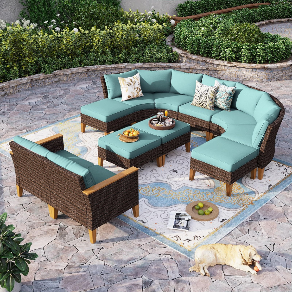 Sophia & William Outdoor Wicker Sectional Sofa Set, 11 Piece Half Moon Curved Patio Furniture Modern Round Outdoor Couch Conversation Set with Ottoman for Backyard, Deck, Garden(Aqua Blue) Sophia & William
