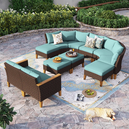 Sophia & William Outdoor Wicker Sectional Sofa Set, 11 Piece Half Moon Curved Patio Furniture Modern Round Outdoor Couch Conversation Set with Ottoman for Backyard, Deck, Garden(Aqua Blue)