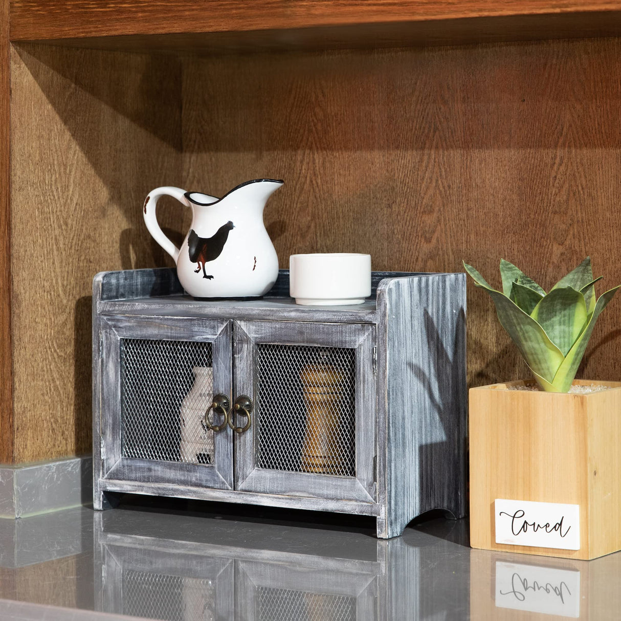 COLLECTIVE HOME - Storage Cabinet, Mini Countertop Cabinet, Wood Organizer for Kitchen Living Room Bedroom Bathroom Office with Magnetic Door, 14.5 x 6.5 x 10 (Gray) COLLECTIVE HOME