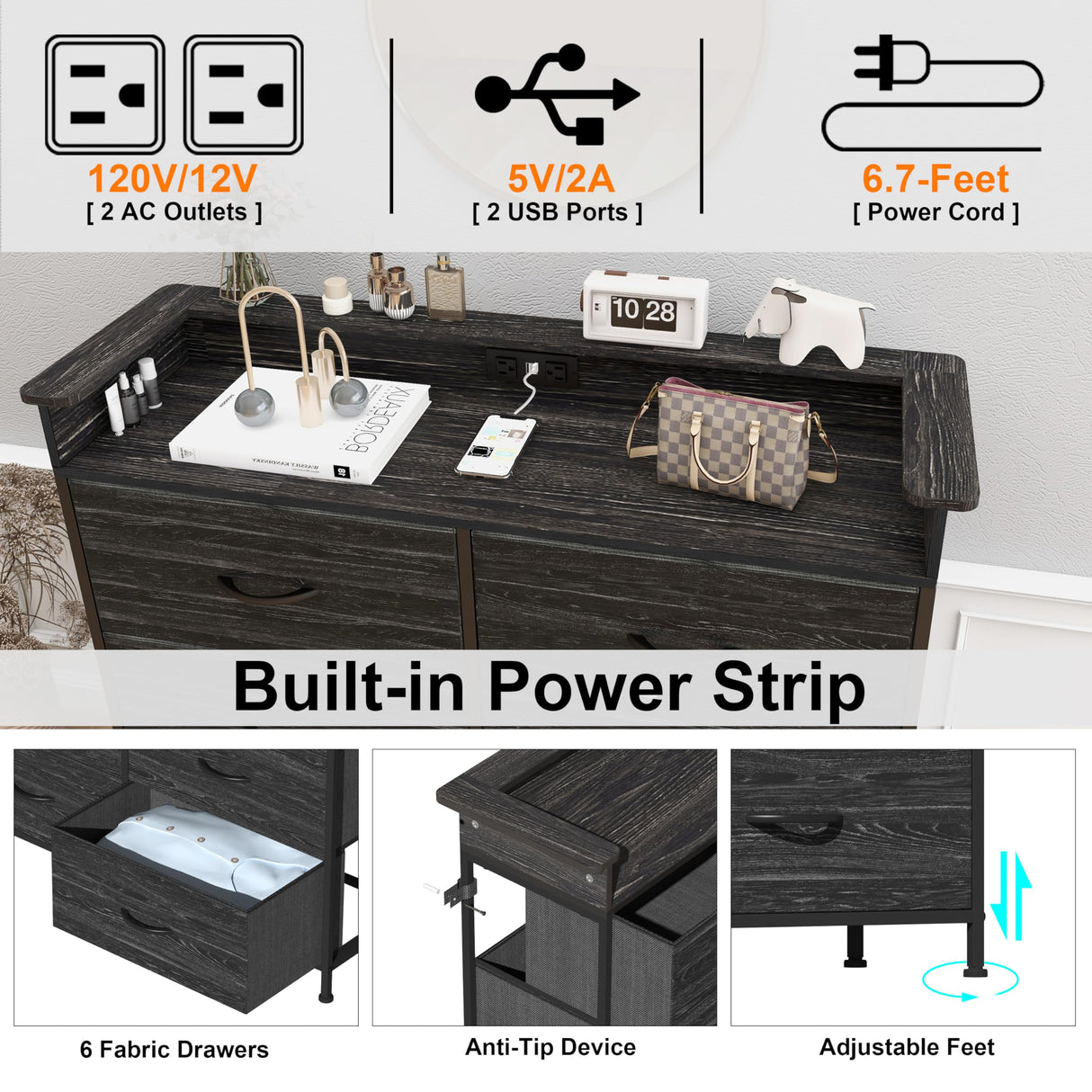 Welfuturer Black Dresser for Bedroom with LED Light & Charging Station Dresser with 6 Drawers Storage Tower for Closet Living Room Hallway Entryway Sturdy Steel Frame Double Wooden Tabletop Welfuturer