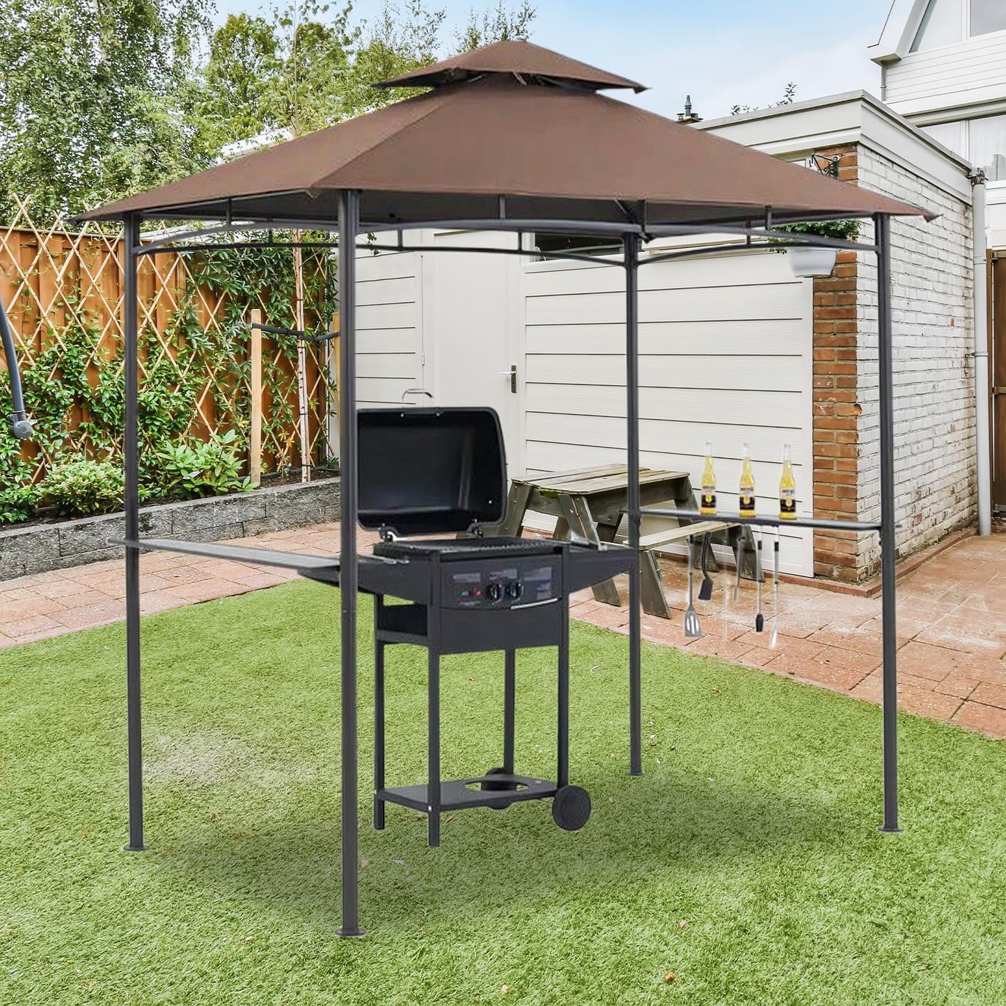 Grill Gazebo 8'×5' Barbeque Gazebo Canopy Tent Shelter with 2 Tier Hardtop BBQ Canopy for Outdoor Patio Backyard Deck, （Brown