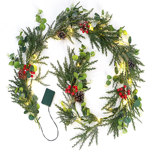 Brightown Pre-lit Christmas Garland with Lights, 6 Feet 20 LED Battery Operated Christmas Lights with Pine Cones, Berry, Eucalyptus Leaves, Indoor Christmas Decorations for Stairs, Fireplace, Door