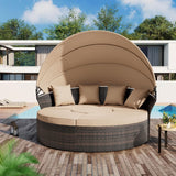 Crownland Round Outdoor Daybed with Retractable Canopy,Patio Daybed with Washable Cushions, Clamshell Sectional Seating, Wicker Furniture for Patio, Garden, Pool (Light Brown) Crownland