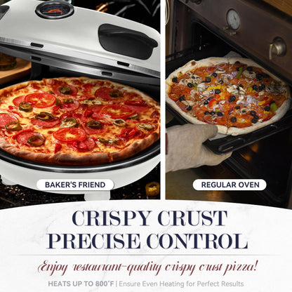 Baker’s Friend Electric Pizza Oven Indoor Countertop, 12 Inch Pizza Maker Machine for Home, Pizza Cooker & Pizza Grill, Premium Glazed Ceramic Stone Pizza Oven, Creamy White