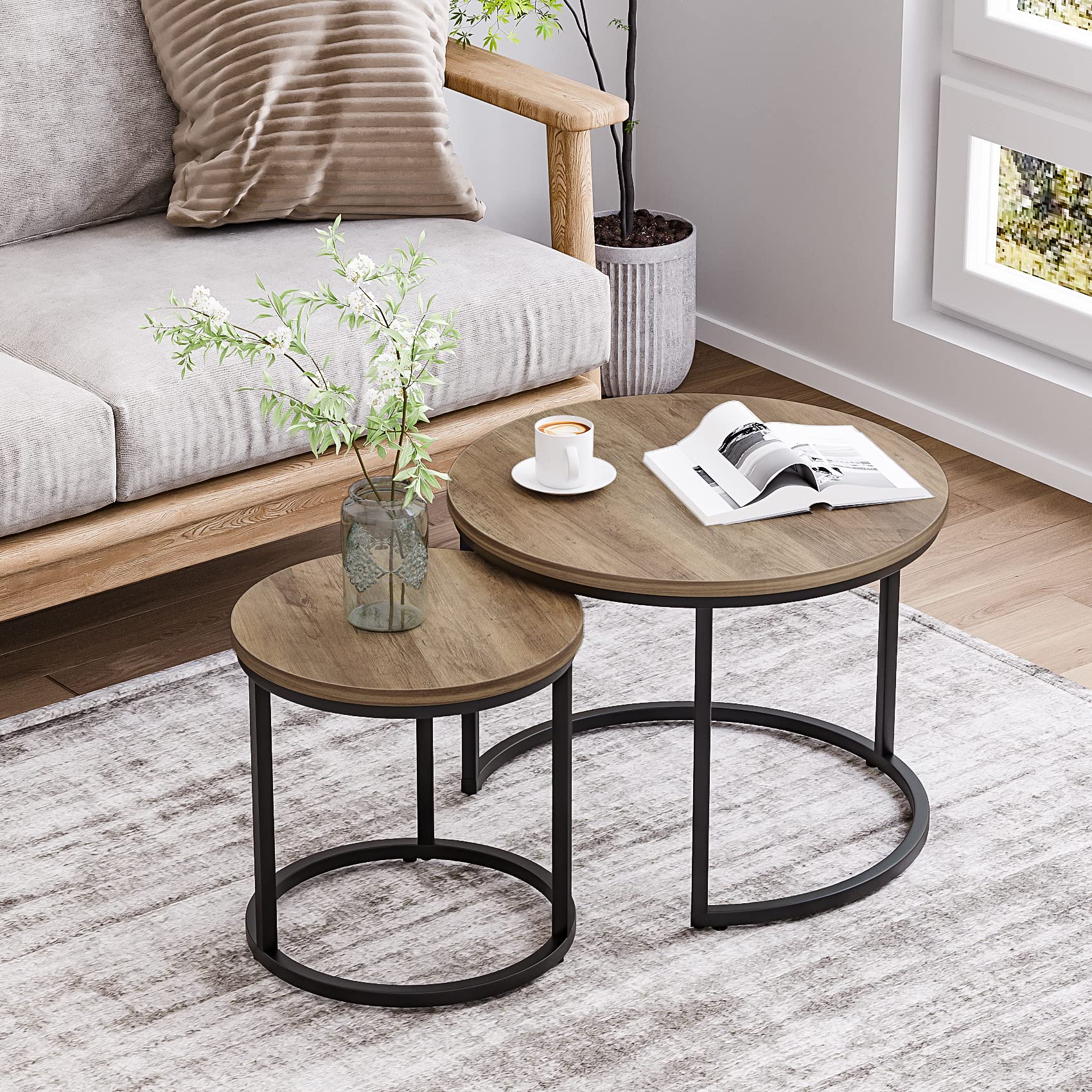 Smuxee Nesting Coffee Table Set of 2, 23.6" Round Coffee Table Wood Grain Top with Adjustable Non-Slip Feet, Industrial End Table Side Tables for Living Room Bedroom Balcony Yard - WoodArtSupply