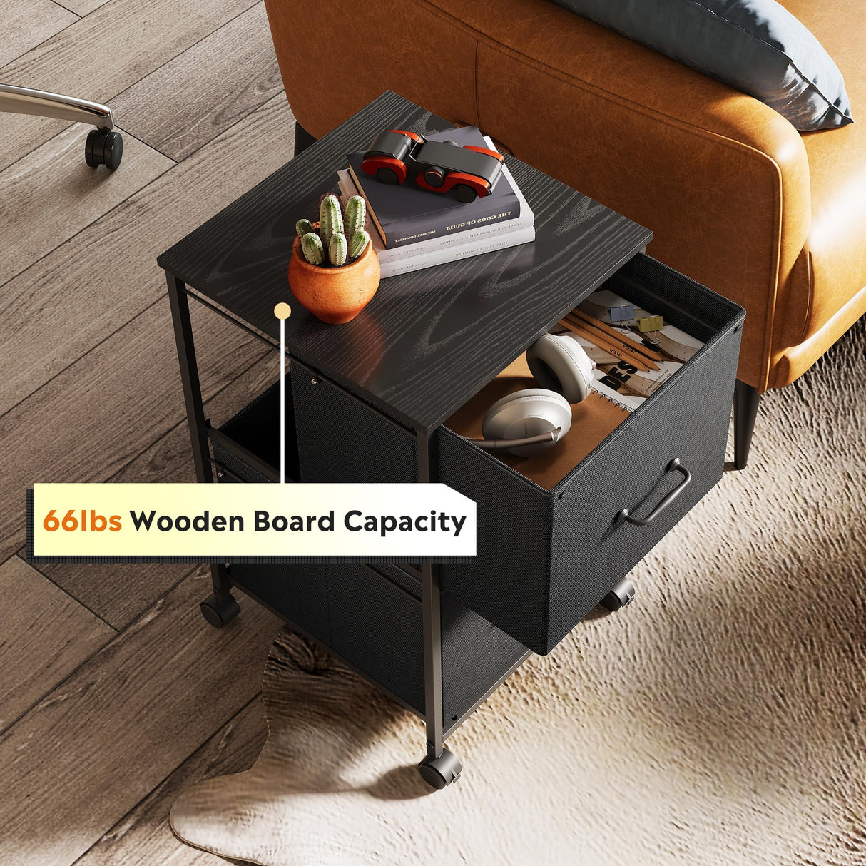 DEVAISE 2 Drawer Mobile File Cabinet, Rolling Printer Stand, Fabric Vertical Filing Cabinet fits A4 or Letter Size for Home Office, Black DEVAISE