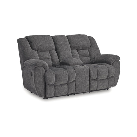 Signature Design by Ashley Foreside Contemporary Stain Resistant Manual Double Reclining Loveseat with Console, Storage and Cup Holders, Gray Signature Design by Ashley
