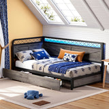 ANCTOR Twin Daybed with Storage Drawers, Corner Bed Frame with LED Lights and Charging Station for Living Room, Bedroom and Guest Room, Charcoal Grey ANCTOR