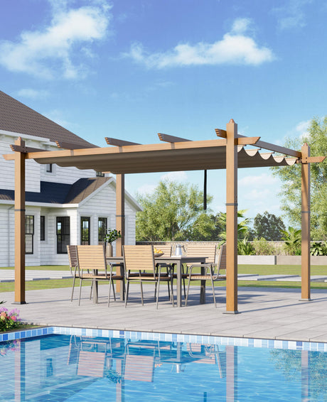 GarveeLife 10x13 Ft Outdoor Pergola with Retractable Canopy Upgraded Outdoor Aluminium Pergola, Faux Wood Grain Metal Patio Gazebo for Modern Backyard Deck for Porch, Awning, Grape Trellis, Khaki GarveeLife
