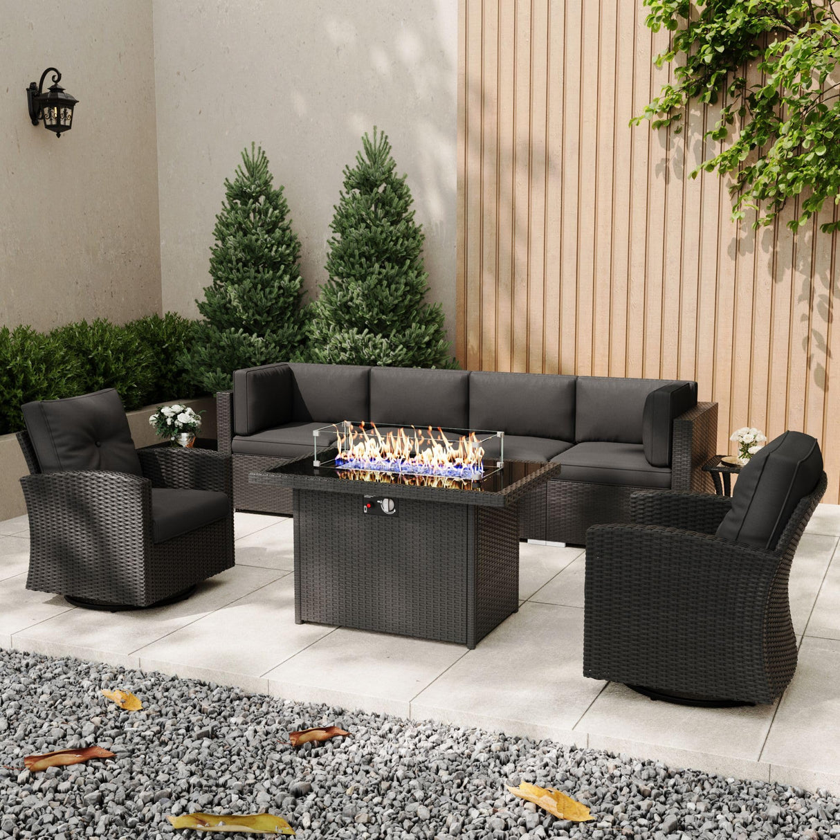KHOLH Patio Furniture Set with Fire Pit Table, 9 Pieces Outdoor All-Weather Wicker Conversation Sectional Chair Sofa Set with 2 Swivel Chairs KHOLH
