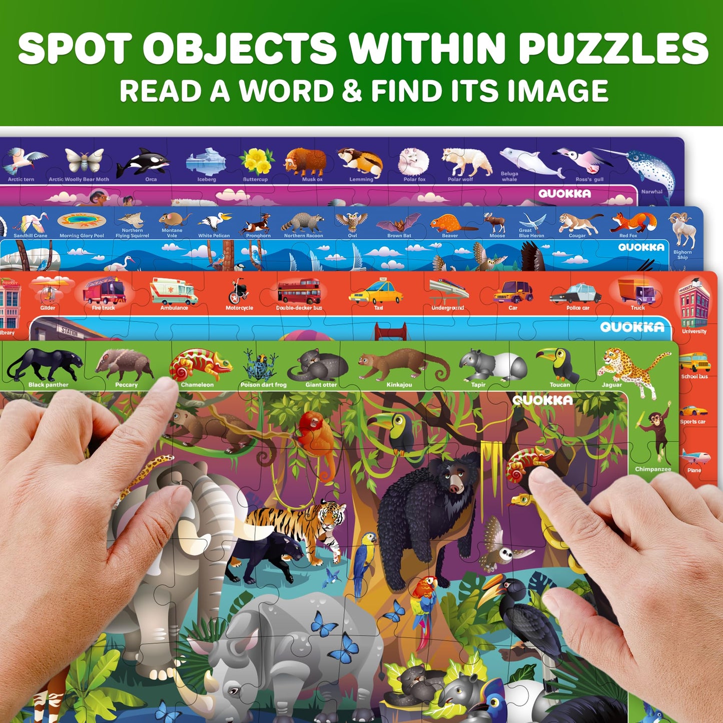 QUOKKA Puzzles for Kids Ages 4-6 - 4 x 60 Puzzles for Toddlers 5-8 - Educational Search & Find Toy for 8-10 yo for Learning Forest Polar, USA National Park Animals & City Life