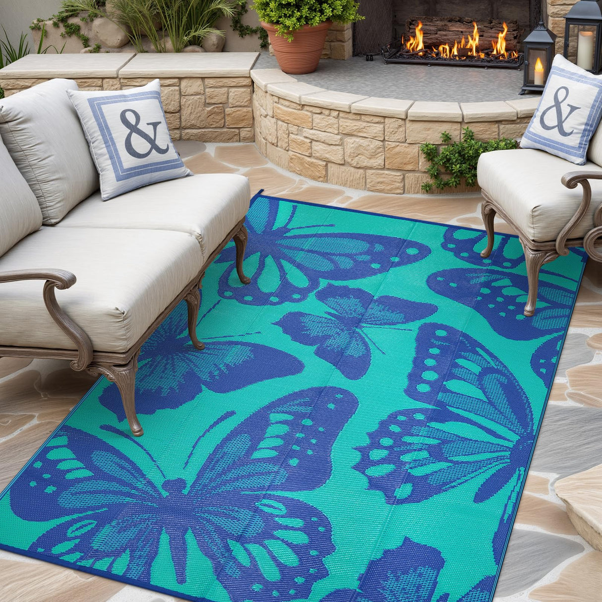 Uphome Outdoor Rug Waterproof 6x9 ft, Patio Plastic Straw Rugs for RV Camping, Reversible Butterfly Mat Outside, Indoor Outdoor Floor Carpet for Back Yard Deck Balcony Porch Beach Picnic Uphome