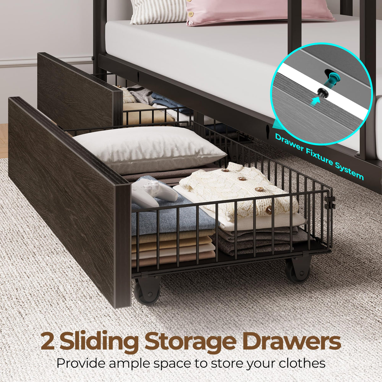 Rolanstar Metal Bunk Bed Full Over Full with USB Charging Station, LED Bunk Bed with 2 Storage Drawers, Bed with Safety Guardrail & Ladders, No Box Spring Needed, Easy Assembly, Black Rolanstar