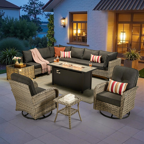 CAODOC 11-Piece Outdoor Sectional Sofa Set w/ 54" Fire Pit – L-Shaped Wicker Patio Furniture, Deep Seating & Swivel Rockers,Black CAODOC
