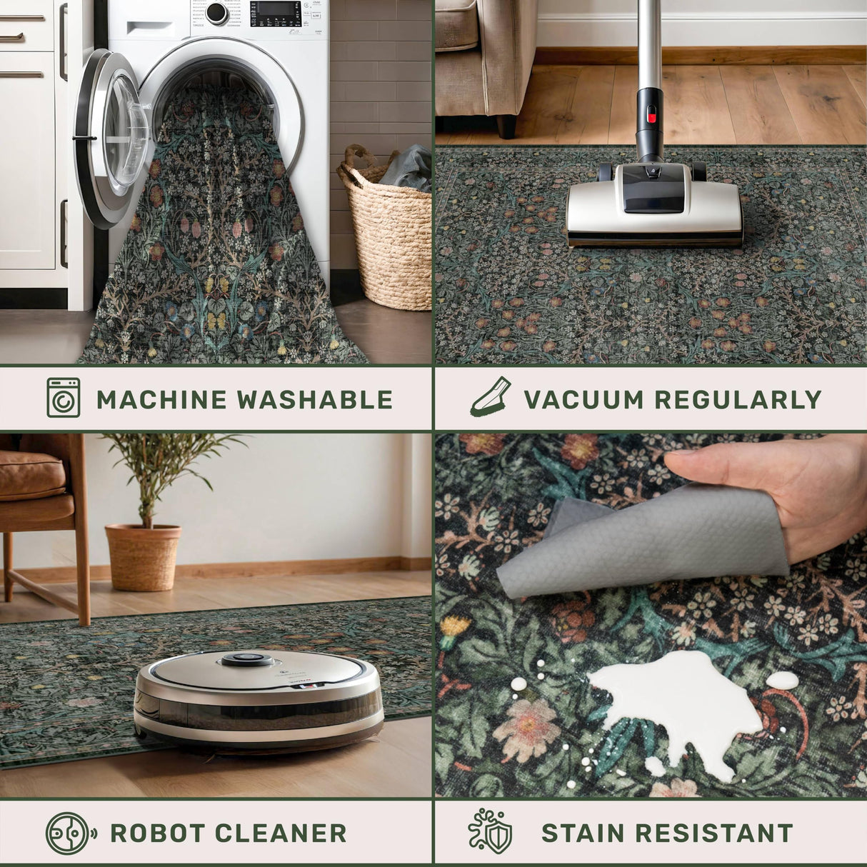 Vintage Dark Green Living Room Rug, 8x10 Washable Area Rugs for Dining Room Under Kitchen Table, Bedroom, Oriental Low Pile Stain Resistant Non-Slip Large Carpet (8x10 Dark Green) Hazo Haus