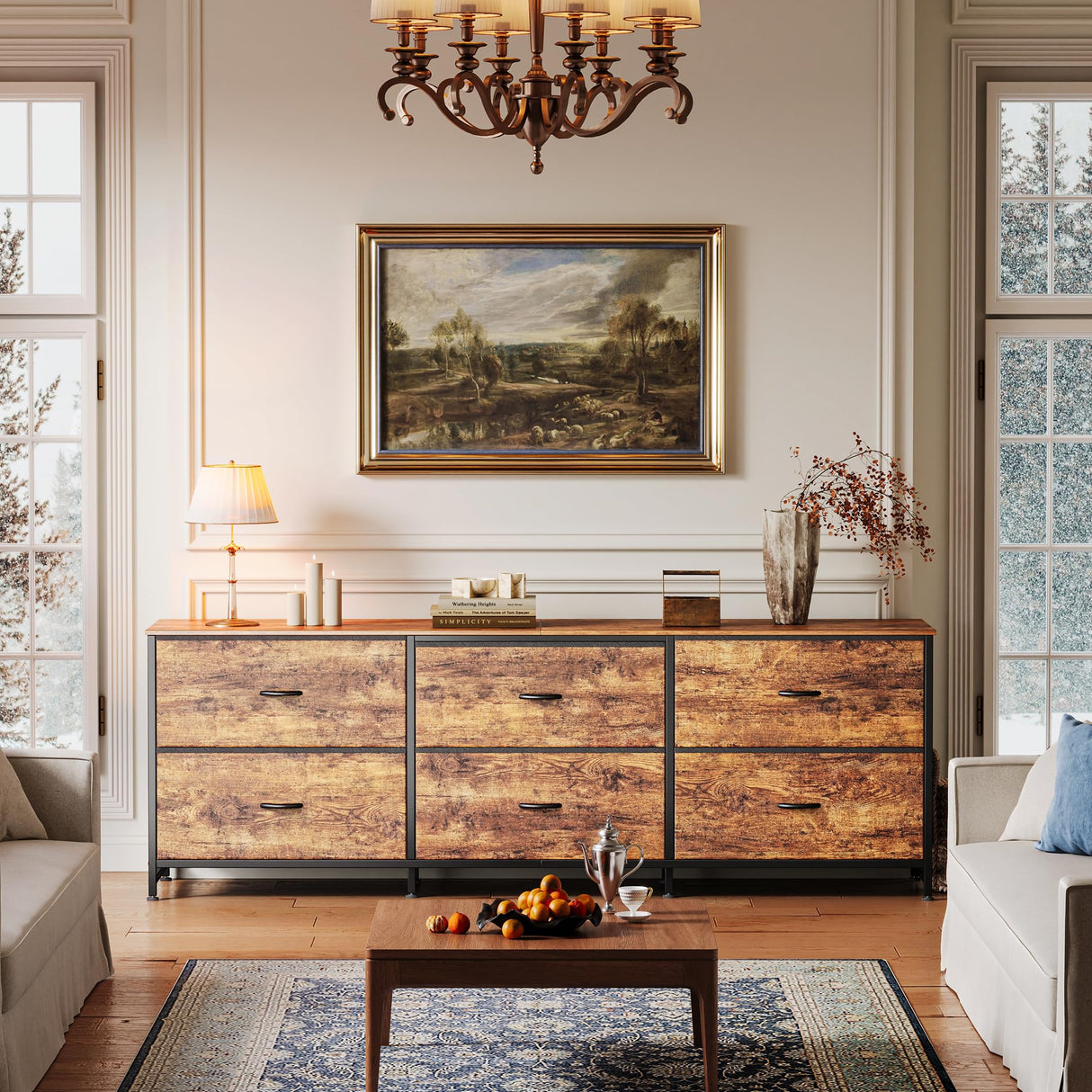 Huuger 63 Inch Long Dresser for Bedroom, Wide TV Stand for 55, 65, 70 Inch TV, 6 Drawer Dresser for Closet with Fabric Drawers, Storage Organizer for Bedroom, Entryway, Rustic Brown Huuger