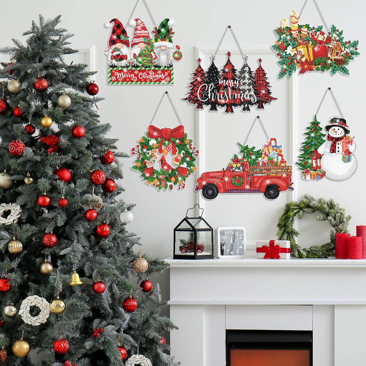 6 Pcs Christmas Diamond Art Kits - Diamond Art Christmas Ornaments, 5D DIY Christmas Diamond Painting Hanging kit Acrylic Snowman Gnome Wreath Truck Diamond Art for Wall Window Family Xmas Tree Decor JOPHMO