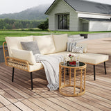 IDEALHOUSE 3 Pieces L-Shaped Conversation Sofa Set, PE Rattan Wicker Outdoor Sectional Couch Patio Set with Detachable Lounger, Thick Cushions, Glass Side Table for Backyard, Porch, Deck, Beige IDEALHOUSE