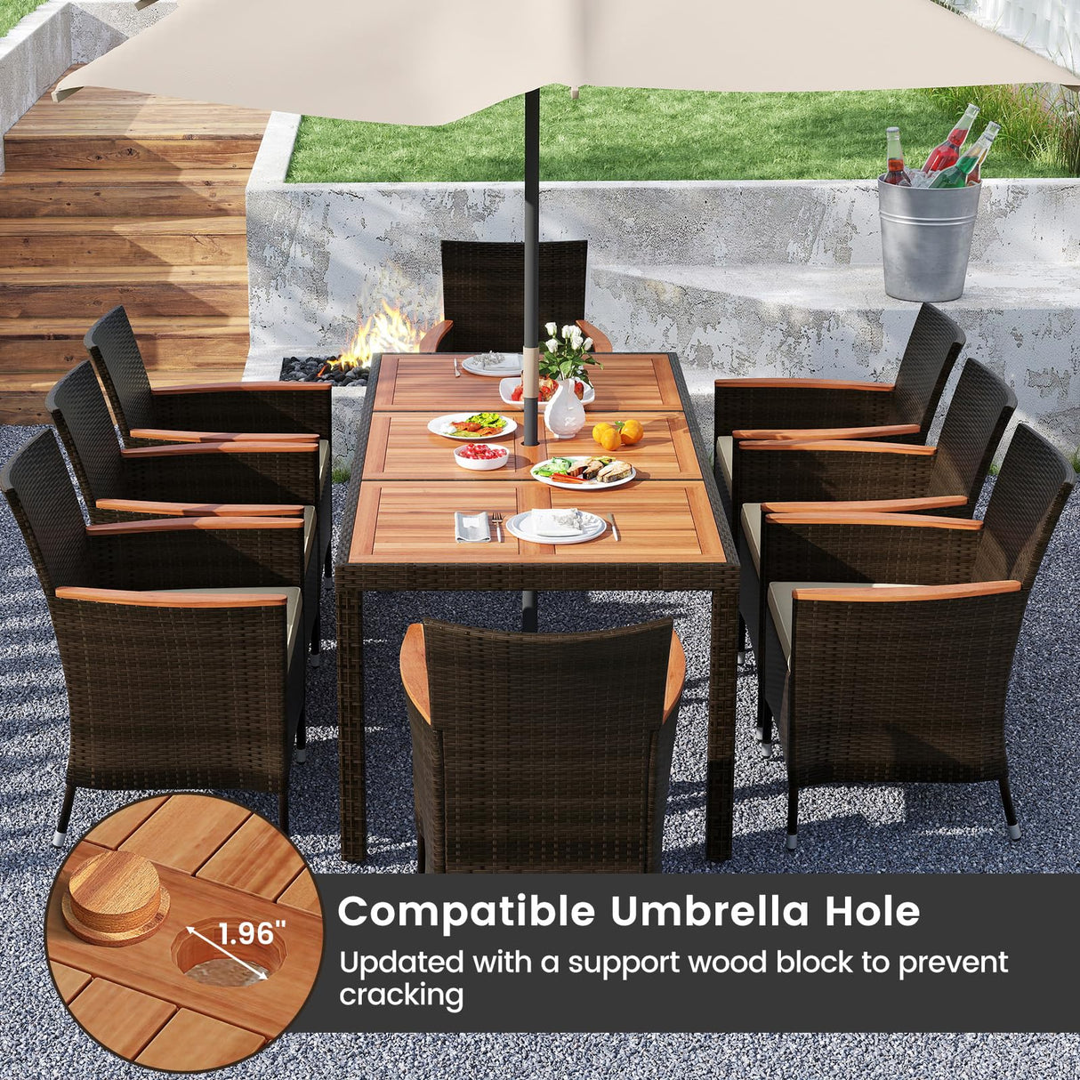 S AFSTAR Patio Dining Set for 8 with Umbrella Hole, 75”x36” Acacia Wooden Table & PE Rattan Chairs for Deck, Backyard S AFSTAR