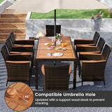 S AFSTAR Patio Dining Set for 8 with Umbrella Hole, 75”x36” Acacia Wooden Table & PE Rattan Chairs for Deck, Backyard S AFSTAR