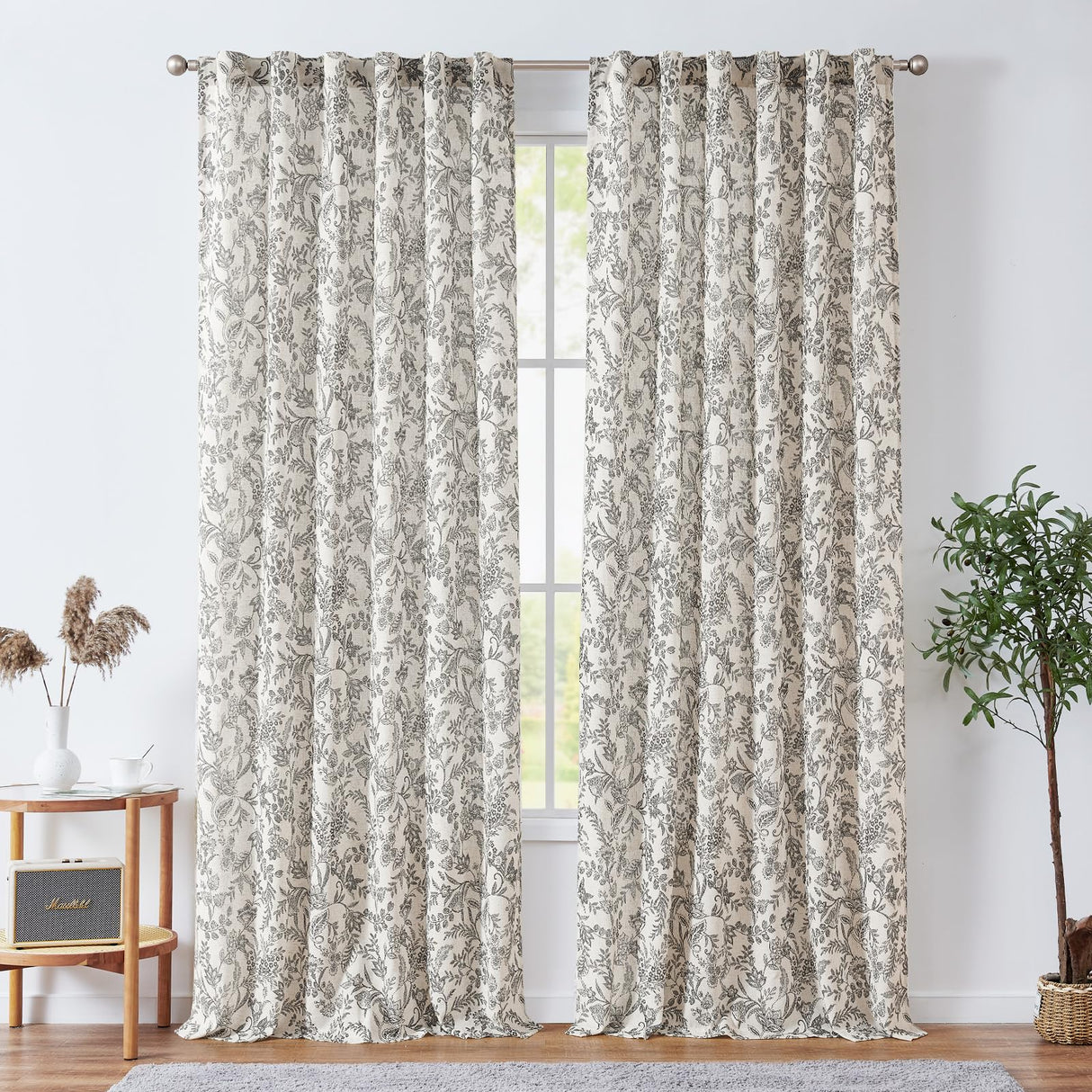 jinchan Floral Linen Blend Curtains for Living Room Black French Country Farmhouse 84 Inch Long Light Filtering Semi Sheer Kitchen Window Back Tab Curtains 2 Panels jinchan