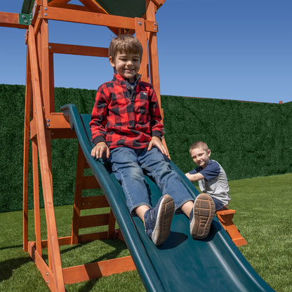 Sportspower Scottsdale Wood Swing Set: 2 Adjustable Swings, Sandbox, Rock Climber, Covered Deck, 1 Slide - Exceeds ASTM Safety Standards - WoodArtSupply