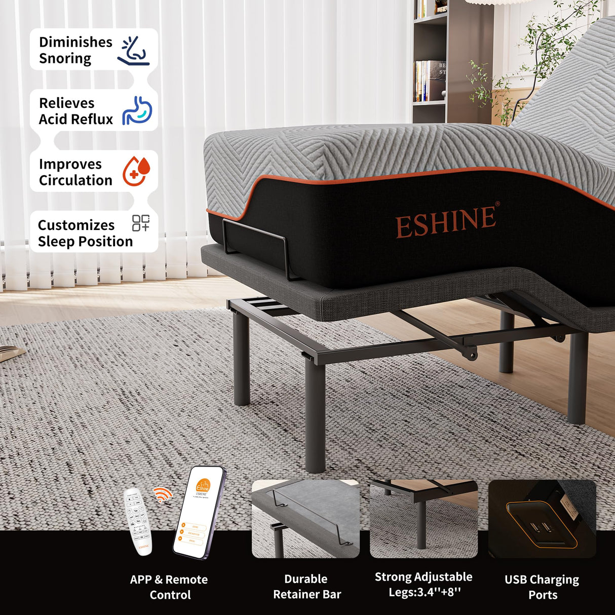 ESHINE 3100 Series Adjustable Bed Frame with 14 inch Ultra-Plush Black Mattress - Split King ESHINE