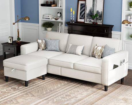 Sectional Sofas Couches for Living Room Convertible 3-Seater 78" L Shaped Couch for Small Spaces, Beige Pet-Friendly Modern Linen Fabric Sofa & Washable Covers Ideal for Apartments Studios Dorms Woyomeub