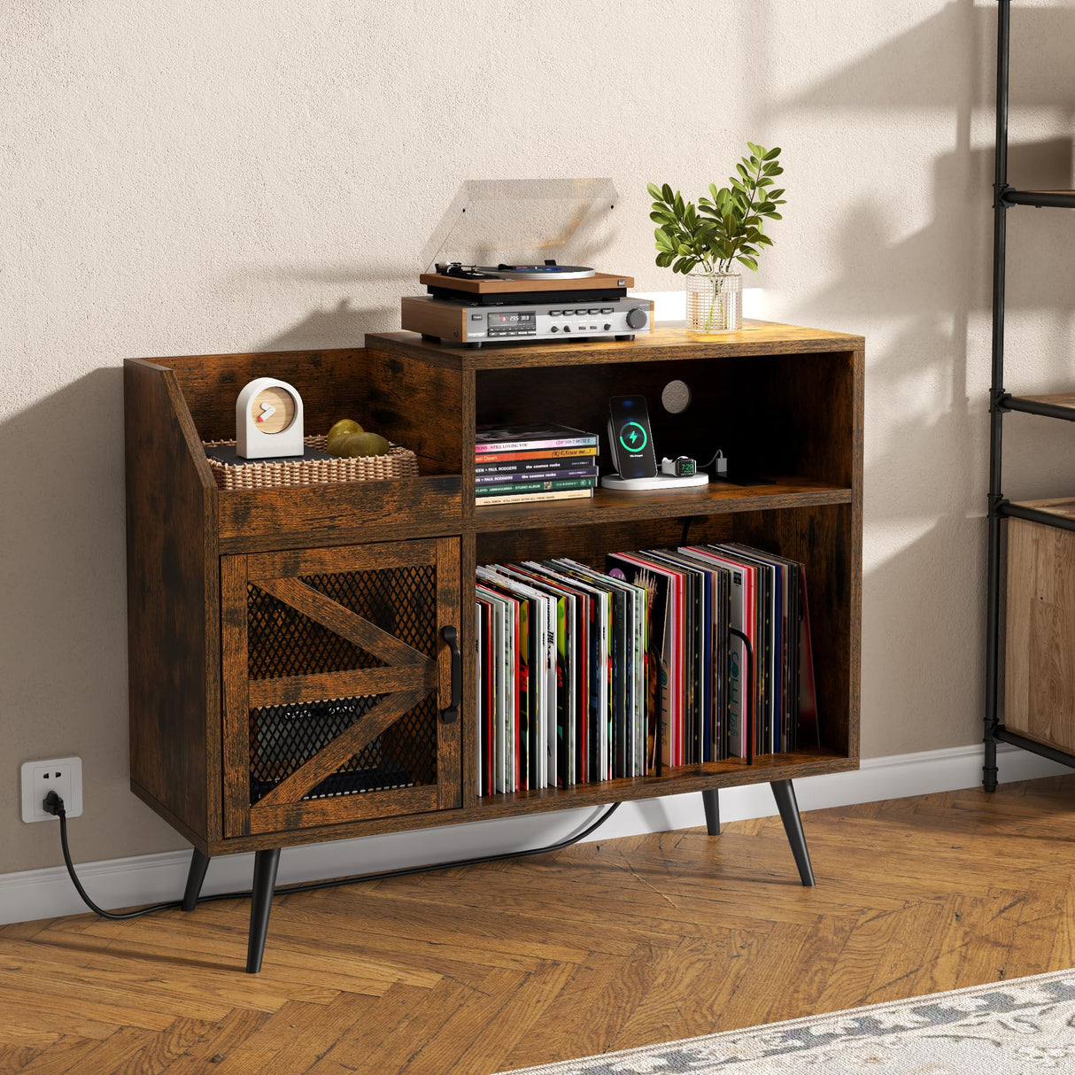 Gyfimoie Record Player Stand Holds Up to 350 Albums, Turntable Stand with LED Light, Records Storage Cabinet with Power Outlet, Record Player Table with Vinyl Storage(Brown) Gyfimoie