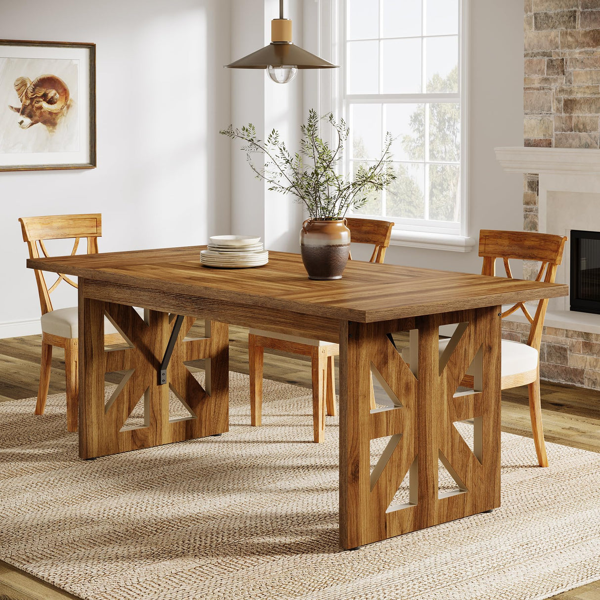 Tribesigns 62.4" Farmhouse Dining Table for 4-6 People, Rectangular Wooden Kitchen Dinner Table with Double Robust Pedestal for Dining Room, Living Room, Kitchen, Brown Tribesigns