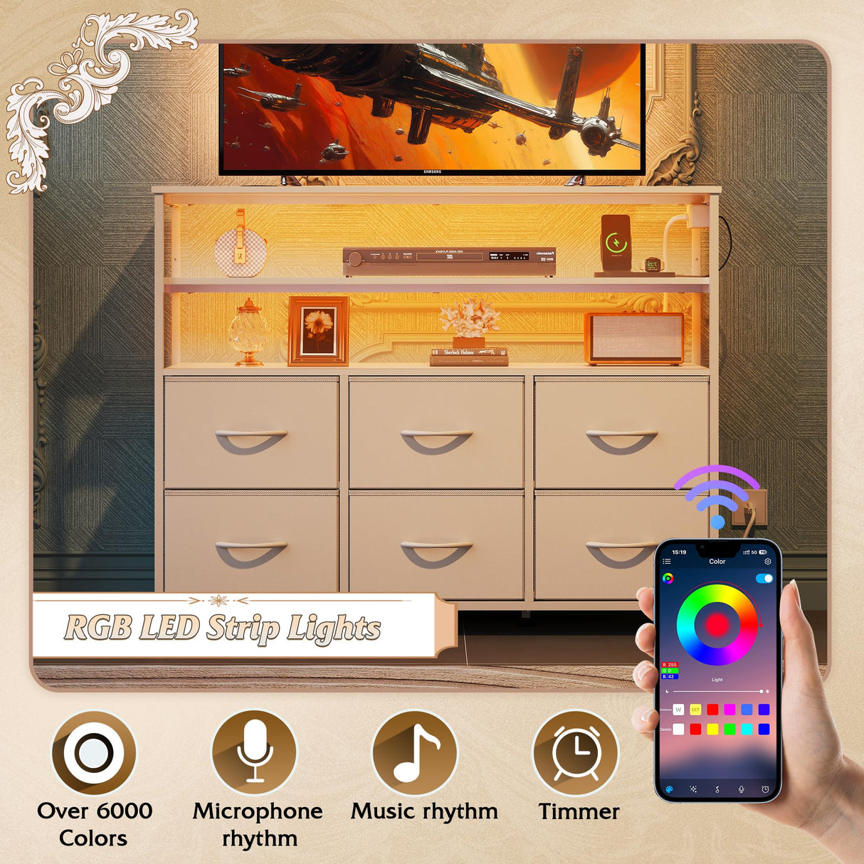 WLIVE Led Dresser for Bedroom, White Dresser TV Stand for Bedroom with LED Lights and Power Outlet, Wide Chest of Drawers with Open Shelves for Entryway, 6 Fabric Drawers and Wood Top for Living Room WLIVE