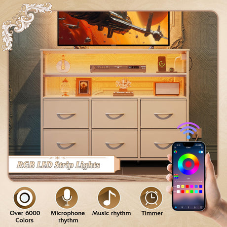 WLIVE Led Dresser for Bedroom, White Dresser TV Stand for Bedroom with LED Lights and Power Outlet, Wide Chest of Drawers with Open Shelves for Entryway, 6 Fabric Drawers and Wood Top for Living Room WLIVE