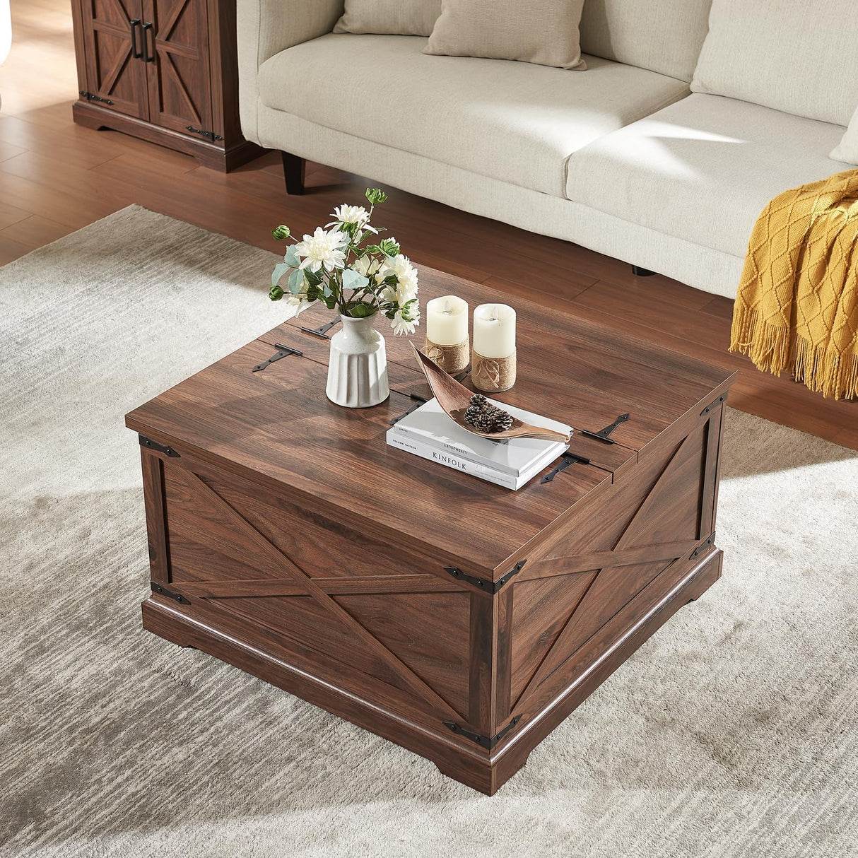Barnyatoh Farmhouse Square Coffee Table with Storage, Wood Center Table with Hinged Lift Top, Rustic Cocktail Table with Large Hidden Storage Compartment for Living Room, Bedroom,Brown Barnyatoh