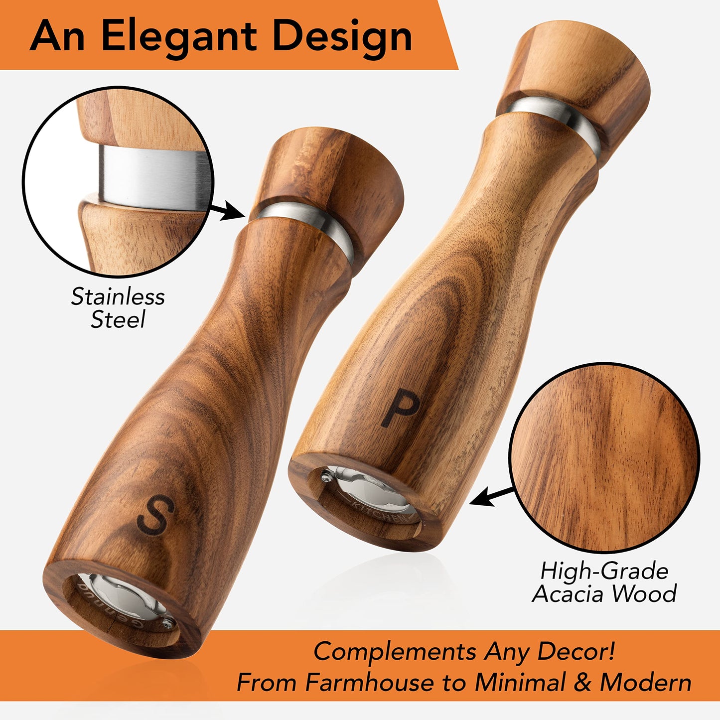 Gennua Kitchen Wooden Salt and Pepper Grinder Set: Refillable Salt & Pepper Mills Adjust for Customized Coarseness, Crafted of Solid Acacia Wood with Ceramic/Stainless Steel Core, 8 Inches Each