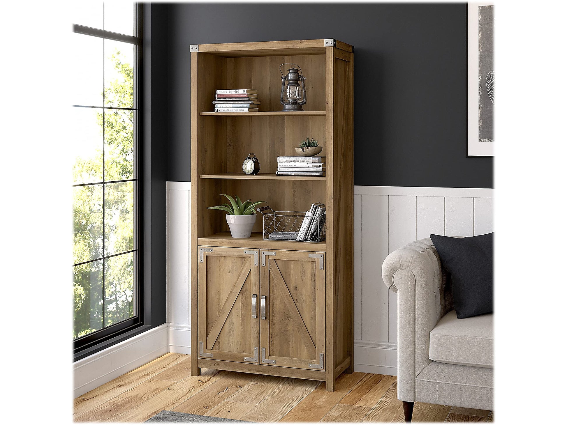 Kathy Ireland Home by Bush Cottage Grove 72-Inch Tall Bookcase with Doors in Reclaimed Pine - WoodArtSupply