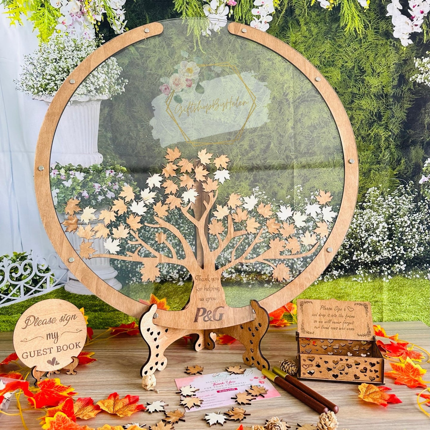 Personalized Guest Book Signs For Wedding - Customize Your Wedding Guest Book Alternative Frame, Dropbox Style with Wooden Maple Tree And Leaves - - WoodArtSupply