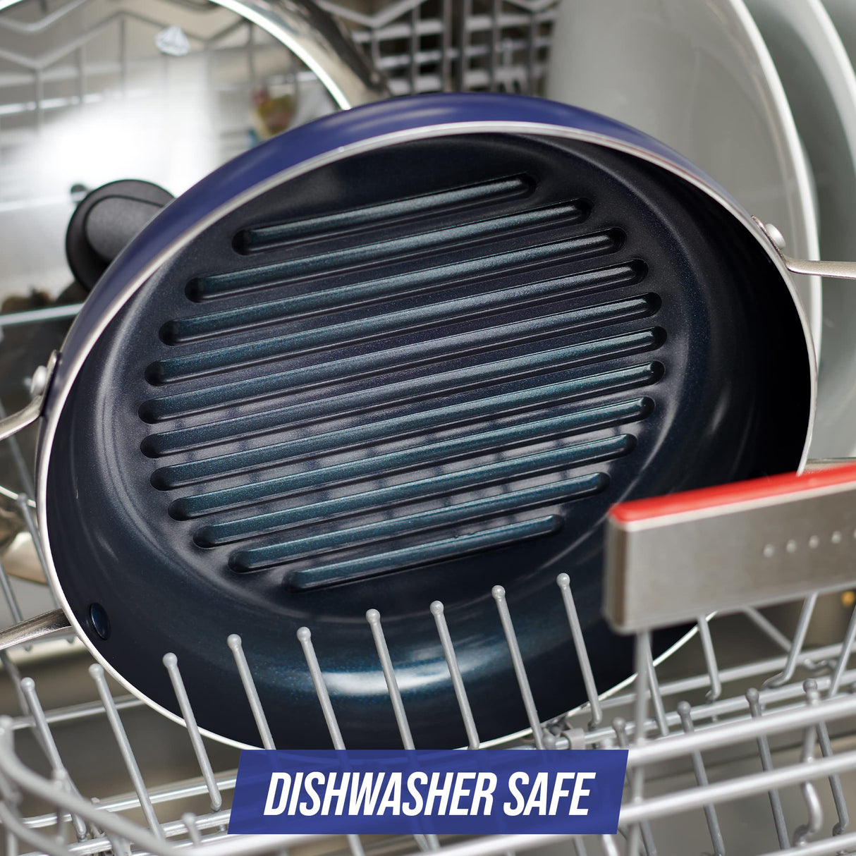 Blue Diamond 11" Grill Genie Pan, Diamond Infused Ceramic Nonstick with Lid, PFOA and PFAS-Free, Dishwasher & Oven Safe, Durable Cookware for Indoor Grilling, Searing, Versatile Cooking, Blue Blue Diamond