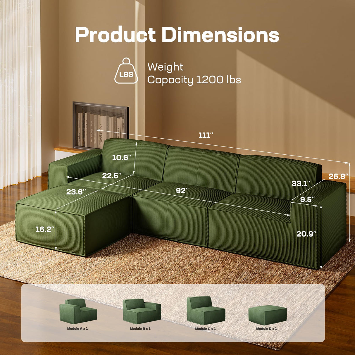 Marsail Modular Sectional Sofa, 111" L-Shaped Modular Sectional Couch with Deep Seat, Freely Combinable Sectional Clound Sofa for Living Room, No Assembly, Plush Corduroy Fabric, Green Marsail