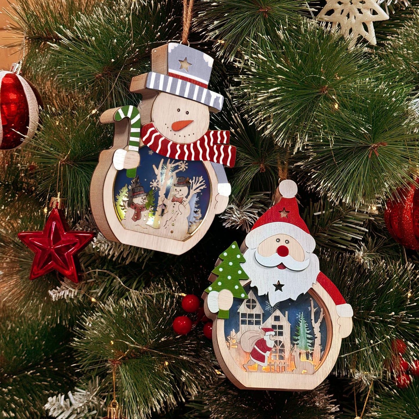 OurWarm 2 Pcs Wooden Christmas Ornaments, LED Luminous Wood Christmas Decor Snowman Santa Claus Christmas Tree Hanging Ornaments, Table Hotel Window Display, Crafts Gifts for Xmas Party Decor