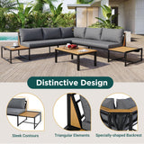 Merax Patio Furniture Set with Coffee Table & Loveseats, 4 Pieces Iron-Wood Design Outdoor Sectional Sofa, L-Shaped Conversation Set with Waterproof Cushions for Garden, Backyard, Poolside, Gray Merax