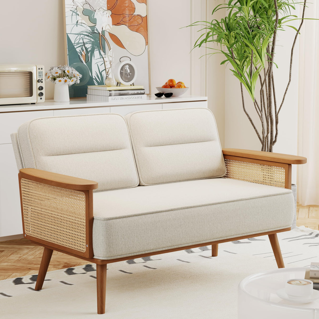 ALISH Loveseat Small Sofa Couch with Rattan Armrest Modern Settee Bench Dining Banquette Seat for Kitchen Dining Room Living Room ALISH