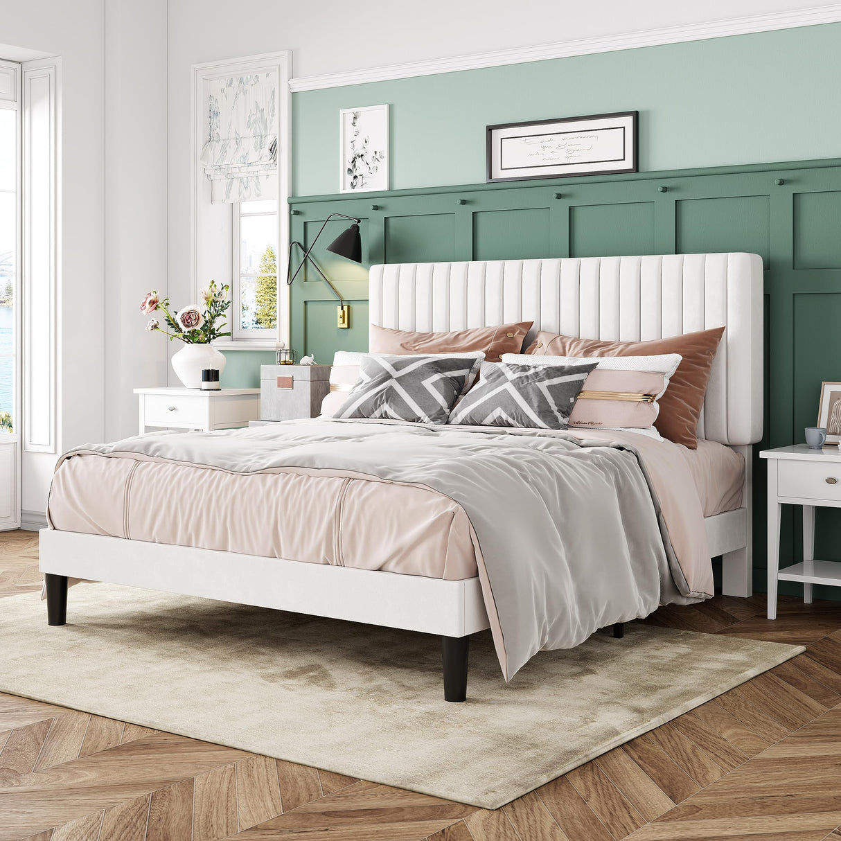 Allewie Full Bed Frame, Velvet Upholstered Platform Bed with Adjustable Vertical Channel Tufted Headboard, Mattress Foundation with Strong Wooden Slats, Box Spring Optional, Easy Assembly, White Allewie