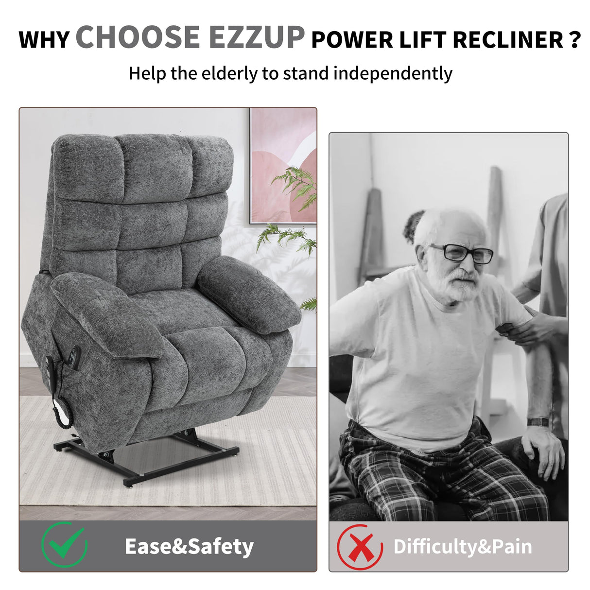EZZUP Power Lift Recliner Chair for Elderly People, Lay Flat Recliner with Vibration Massage and Lumbar Heating, Lift Chair with Infinite Position and 2 Remote Controls, Chenille Fabric Gray EZZUP