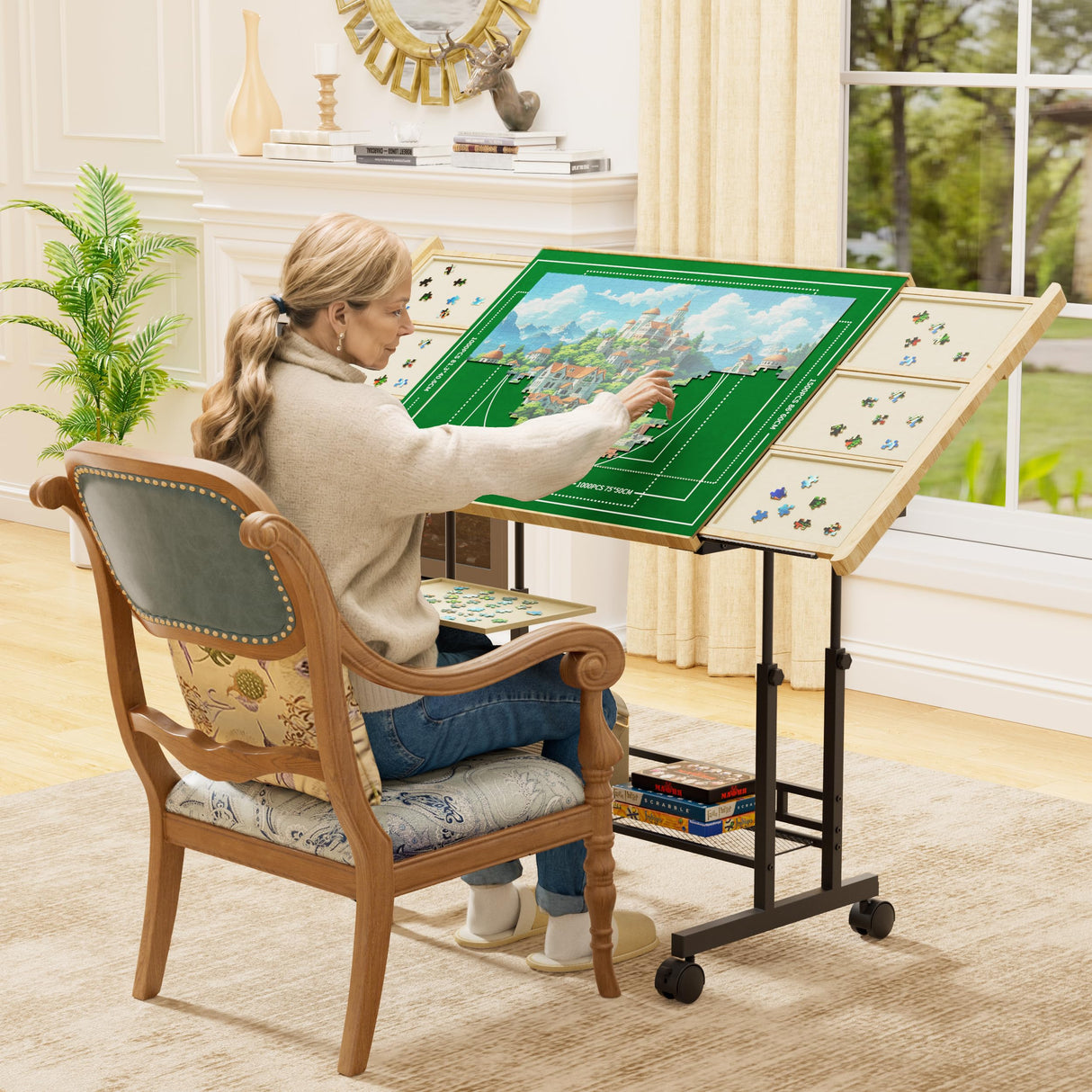 CODACE Puzzle Table with Drawers - 1500 Pieces Jigsaw Puzzle Tables for Adults, Tilting Puzzles Board with Cover, Puzzles Table with Storage and Adjustable Height Legs，Present for Puzzles Enthusiast CODACE